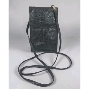 La Garde Black Macro Bag Italian Cowhide Tooled Leather Crossbody Wallet ITALY